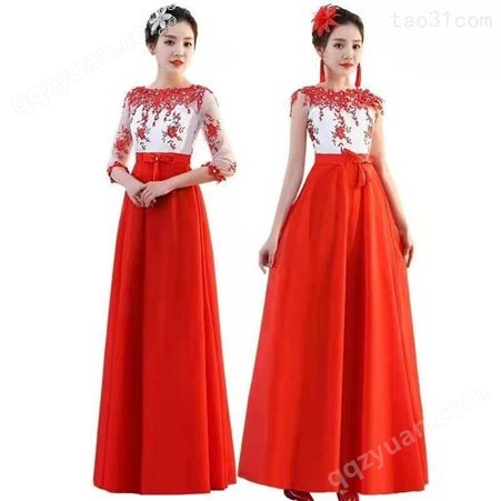 晚礼服2021新款合唱团女长裙成人优雅中式舞台歌唱建党红歌演出服