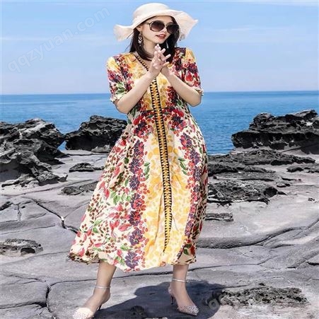 2020夏亚马逊女装法式复古杏色波点雪纺长裙连衣裙直播货源走份 品牌折扣女装