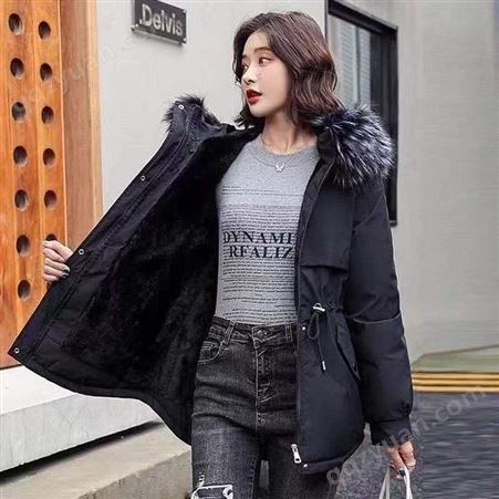 韩版加绒加厚新款派克服女式外套批发 明艺
