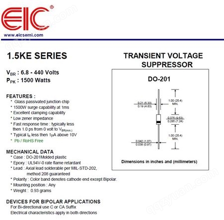 美国EIC 1.5KE150A瞬态电压抑制二极管1500W